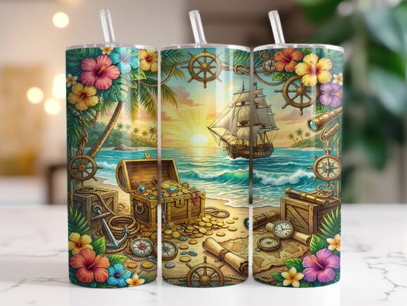 Pirate Treasure Island Ship Tumbler Wrap